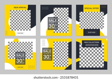 Social media mockups set for online store marketing posts and square stories. Advertising template for marketing and promotion with modern layout. Six fashion vector layouts for trendy Internet offers