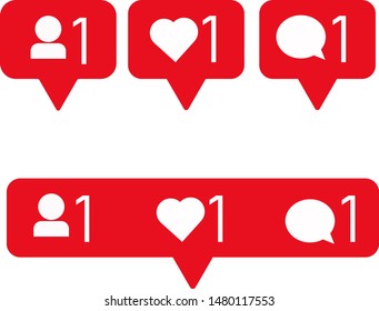 Social media modern like 1, follower 1, comment 1 red color. Like, follower, comment button, icon, symbol, ui, app, web. Vector illustration. EPS 10.