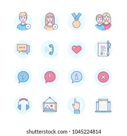 Social Media - Modern Line Design Style Icons Set In Blue Round Frame. To Add Female Or Male User, Medal, Friends, Chat, Call, Heart, Certificate, Music, Gallery, Website. Question, Exclamation Marks