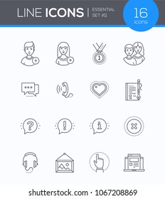 Social media - modern line design style icons set. To add female or male user, medal, friends, chat, call, heart, certificate, music, gallery, website. Question, exclamation marks