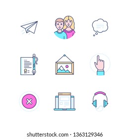 Social media - modern line design style icons set. High quality pink, blue images with friends, speech bubble, certificate, music, gallery, website, close sign, paper plane, headset, finger pointing