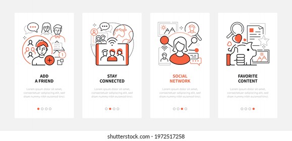 Social media - modern line design style web banners with copy space for text. Add a friend, stay connected, favorite content, networking carousel posts. SMM and Internet communications linear icons