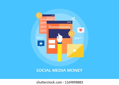 Social media money, digital marketing, Social network flat design vector concept on blue background