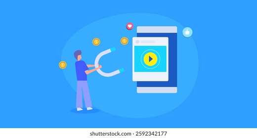 Social media money making, Content creator making money from Social media content, Creators economy concept - vector illustration background with icons