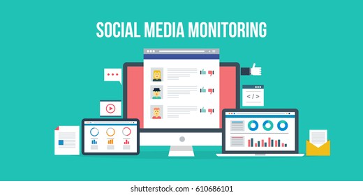 Social Media Monitoring Software, Displaying Data Analysis On Tablet And Laptop Screen Flat Design Vector With Icons