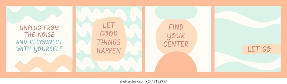 Social media motivational quote template set. Pastel blue and warm peach orange abstract shapes backgrounds. Organic wavy shapes self-care wall art poster concept with self support lettering.