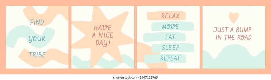 Social media motivational quote template set. Pastel blue and warm peach orange abstract shapes backgrounds. Organic cut out shapes self-care notes poster concept with self support reminder lettering.