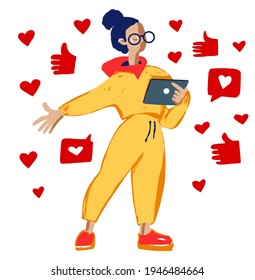 Red de medios sociales adicta a la chica de contenido con tablet en la mano. Me gustan los íconos del corazón. Dibujo plano del doodle de dibujo vectorial