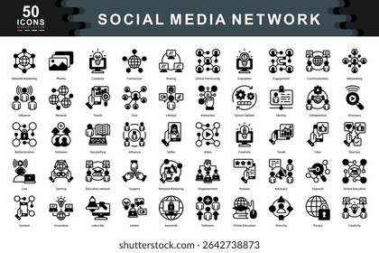 Social Media Network black Icons Collection contains creator,Influence,Empowerment,Innovation,Subscribe,Trends,Reviews,Interaction,Privacy,Creativity,Network Marketing Icons Simple Illustration