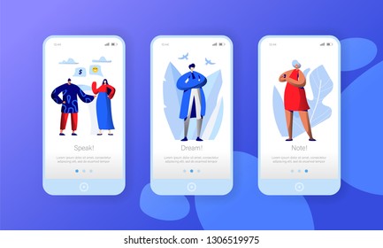 Social Media Network Business Character Mobile App Page Onboard Screen Set. People Chat Comment in Worldwide Internet. Woman Message to Man Website or Web Page. Flat Cartoon Vector Illustration