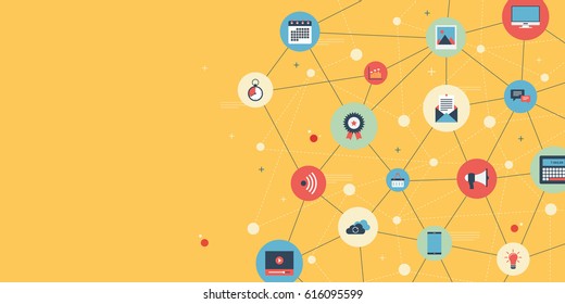 Social media network. Business digital content for marketing online connection. Connected symbols for digital, interactive, market, connect, communicate, global concepts. Vector illustration.