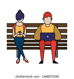 social media network chatting online web connection, couple using technology devices smartphone and laptop computer cartoon vector illustration graphic design