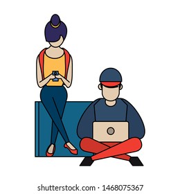 social media network chatting online web connection, couple using technology devices smartphone and laptop computer cartoon vector illustration graphic design