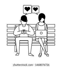 social media network chatting online web, couple using technology device laptop and smartphone computer connection cartoon vector illustration graphic design