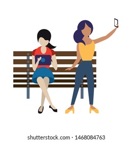 social media network chatting online web connection, women using technology devices smartphone and tablet taking selfie cartoon vector illustration graphic design