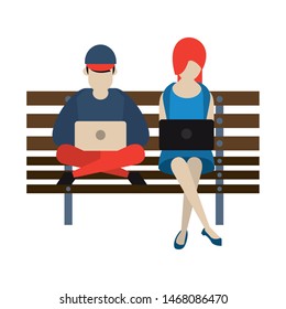 social media network chatting online web, couple using technology devices laptops computers connection cartoon vector illustration graphic design