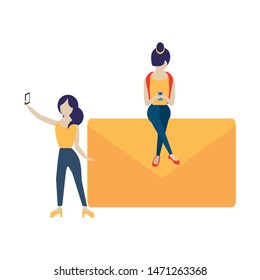 social media network chatting online web connection, women using technology devices smartphones email concept with selfie cartoon vector illustration graphic design