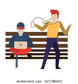 social media network chatting online web connection, men using technology devices smartphone and laptop computer cartoon vector illustration graphic design