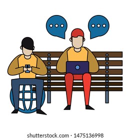 social media network chatting online web connection, men using technology devices smartphone and laptop computer cartoon vector illustration graphic design