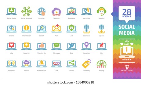 Social media network color icon set part 1 with global internet website, digital business and marketing technology, message, share, like & favorite, thumbs up, location, pin glyph pictogram.