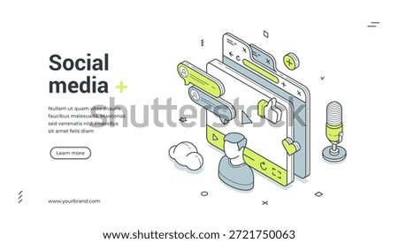 Social media network community digital technology isometric web banner design template vector illustration. Multimedia cyberspace communication influencer auditorium interaction video audio content
