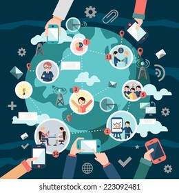 Social media network concept with business people avatars and hands holding mobile devices vector illustration