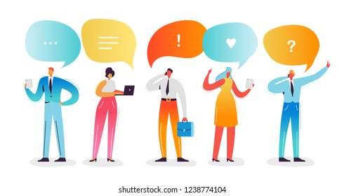 Social Media Network Concept. Characters using Mobile Devices Smartphone, Laptop, Tablet for Online Communication. Man and Woman Chatting on the Internet with Speech Bubbles. Vector illustration