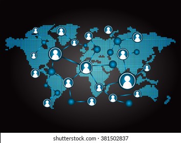 Social media network concept. design vector illustration with social media icons and world map. Global network mesh. Social communications background. blue black Earth map