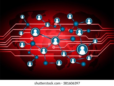 Social media network concept. design vector illustration with social media icons and world map. Global network mesh. Social communications background. Earth map. red