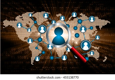 Social media network concept. design vector illustration with social media icons and world map. Global network mesh. Social communications background. Earth map. Magnifier scan