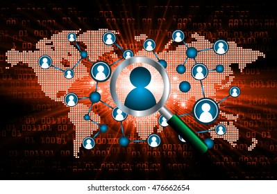 Social media network concept. design vector illustration with social media icons and world map. Global network mesh. Social communications background. Magnifying Glass