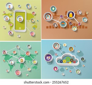 Social media network concept  with  faces  Set of vector illustration