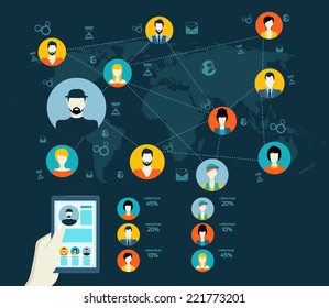 Social media network concept with human hand with tablet human avatars and world map background vector illustration