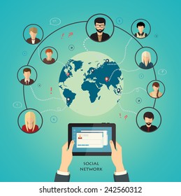 Social media network concept with human hand with tablet avatars and globe on background vector illustration