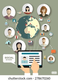 Social media network concept with human hand with tablet avatars and globe on background vector illustration