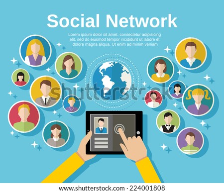Social media network concept with human hand with tablet avatars and globe on background vector illustration