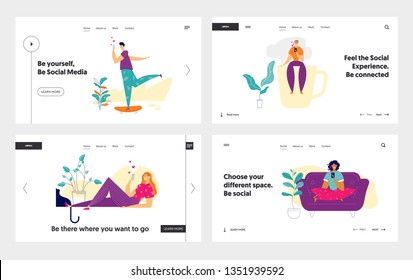 Social Media Network Concept Landing Page Template Set. Character People Chatting Using Smartphone. Man and Woman Sending Message with Mobile Phone for Website, Web Page, Banner. Vector illustration