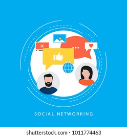 Social media and social network concept, online communication flat vector illustration. Social networking for web banner and apps