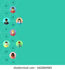 Social media and network concept with related icons and diverse people connected by dotted lines. Vector illustration in flat design with copy space.