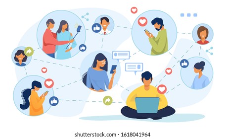 Social media network. Connected users taking pictures, posting, chatting flat vector illustration. Internet, connection, communication concept for banner, website design or landing web page - Powered by Shutterstock - Get 15% off with code: PIKWIZARD15