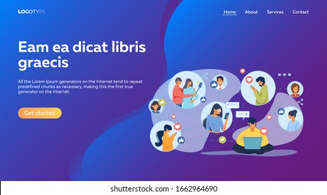 Social media network. Connected users taking pictures, posting, chatting flat vector illustration. Internet, connection, communication concept for banner, website design or landing web page