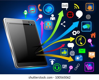 Social media network connection and communication in the global, mobile networks with networking icons on shiny blue background. Vector illustration. EPS 10.