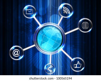 Social media network connection and communication in the global with networking glossy icons on blue background. Vector illustration. EPS 10.