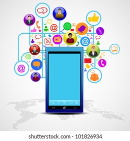 Social media network connection and communication in the global, mobile networks with networking icons. Vector illustration. EPS