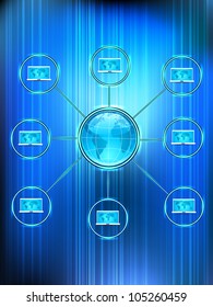 Social Media-Netzwerk-Verbindung und Kommunikation in der Welt mit Netzwerk-Hochglanz-Laptop-Symbole auf blauem Hintergrund. Vektorgrafik. EPS10.