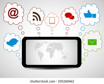 Social media network connection and communication in the global, tablet networks with networking icons. Vector illustration. EPS