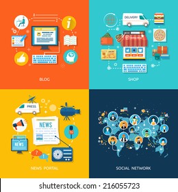 Social media and network connection concept. On line store. Sale, laptop and smart phone with awning. Journalism including news, reporter, camera, accreditation in flat design style