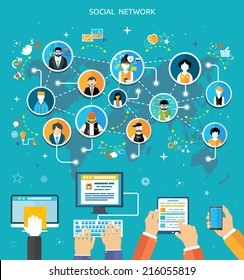 Social media network connection concept. People in a social network. Concept for social network in flat design. Globe with many different people's faces - Shutterstock ID 216055819