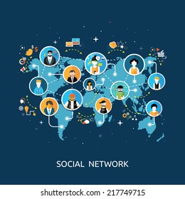 Social media network connection concept. People in a social network. Concept for social network in flat design. Globe with many different people's faces