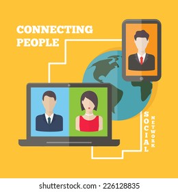 Social media network connection concept with user avatars around the globe. Flat design vector with infographic elements